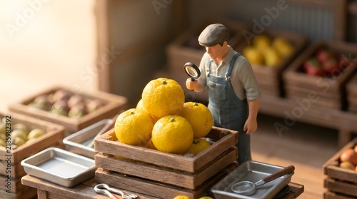 Small Figurine Inspecting Juicy Oranges in Wooden Crate at Market