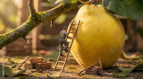 Small Farmer Climbing Ladder Beside Large Yellow Fruit on Branch