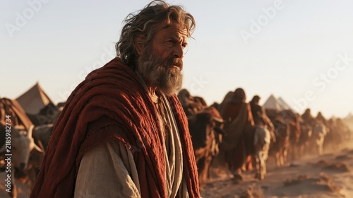 Bearded patriarch leading a caravan of people and livestock across a sunlit desert plain, evoking Abraham or Moses and biblical nomads moving between tents at dusk