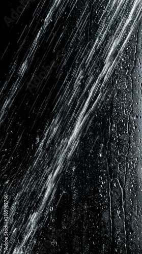 Water streams and droplets flowing down a dark textured surface
