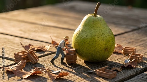 Small Farmer Figurine Pushing Barrel Beside Large Pear on Weathered Wooden Surface