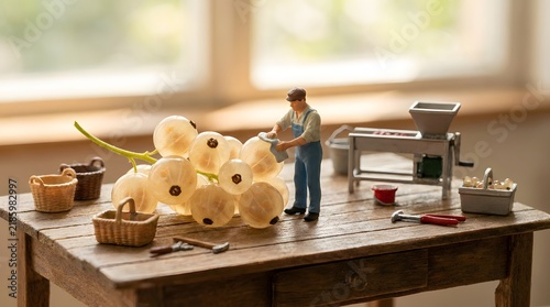 Miniature Worker with Onion Spheres on Rustic Workbench