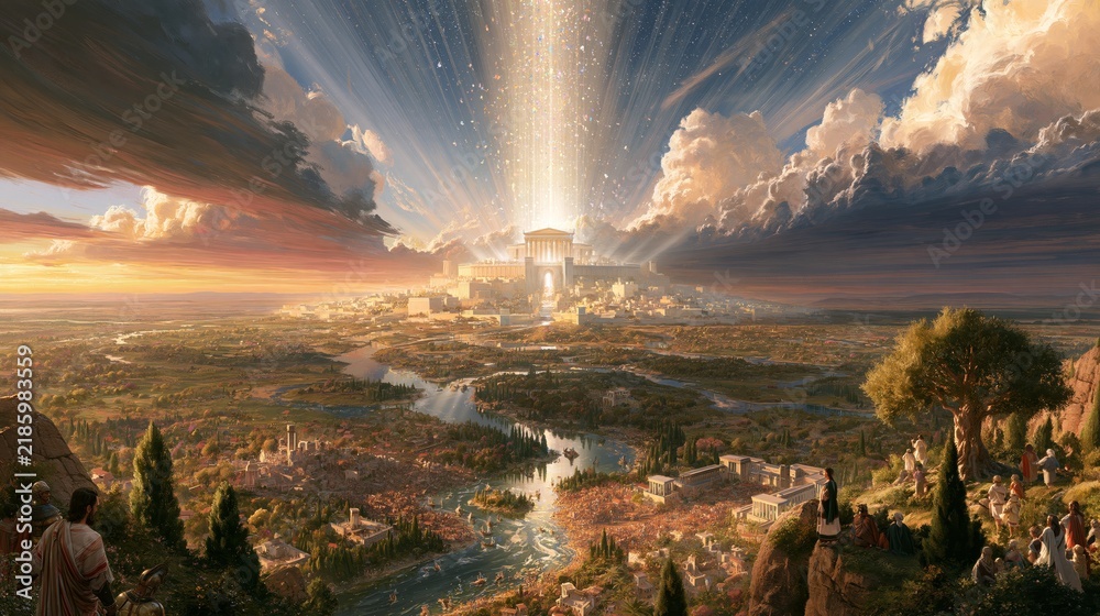 Fototapeta premium Radiant heavenly city of Jerusalem revealed across a vast biblical landscape, golden beams of divine light descending over rivers, hills, worshipers, and ancient temples