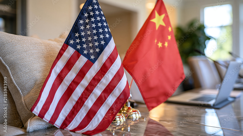 Obraz premium US and Chinese flags standing side by side against a neutral international conference room background, detailed fabric folds, polished table reflections, geopolitical relations and global diplomacy 