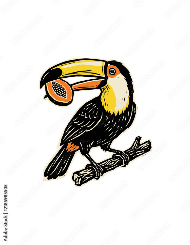Obraz premium Toco Toucan Bird Illustration Holding Papaya Fruit Sliced in Beak Perched on Branch Linocut Style Tropical Wildlife Nature Graphic for Commercial Print and Sticker Design