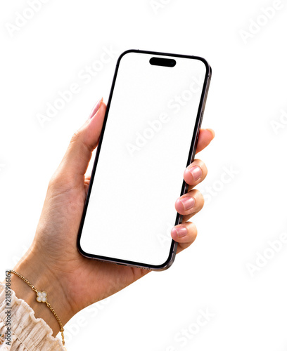 Obraz na plátně Smart female hand holding a smartphone blank screen mockup on  transparent background