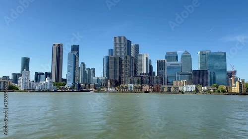 London skyscraper skyline cityscape of Canary Wharf Docklands across Thames