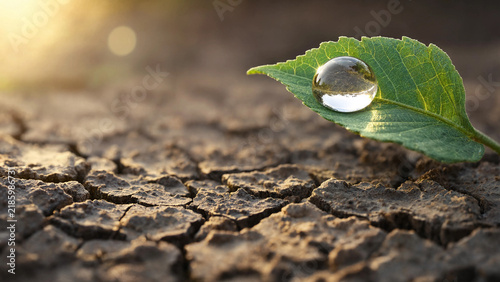Single dew drop on a green leaf over dry cracked earth in sunlight with dry soil