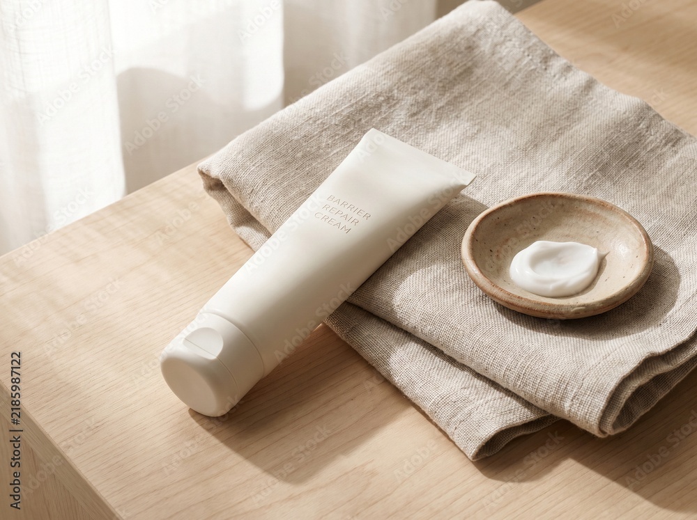 Fototapeta premium Luxury Barrier Repair Cream Tube with Moisturizer Texture on Linen Fabric Background