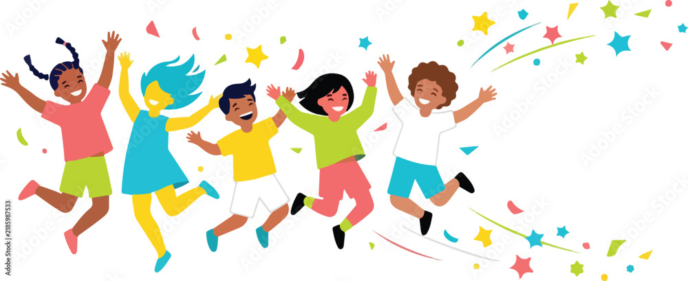 Fototapeta premium Diverse happy kids jumping together with colorful confetti and stars celebration vector illustration