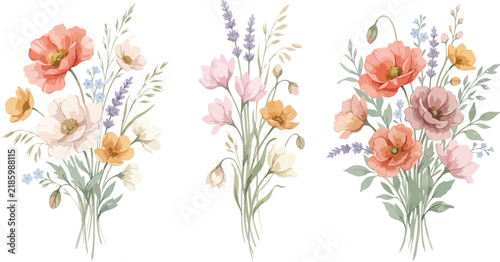 Set of three beautiful watercolor floral bouquets with colorful wildflowers and delicate garden blossoms isolated on a white background
