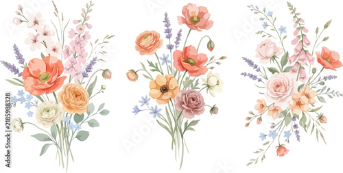 Set of three beautiful watercolor floral bouquets featuring delicate orange poppies and wild meadow flowers isolated on white background