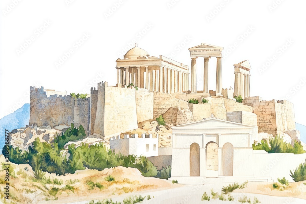 Obraz premium Acropolis of Lindos Rhodes island Greece architecture watercolor landmark.