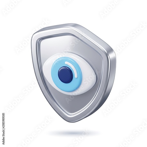 3D silver shield icon with blue eye for cybersecurity and data privacy on white background
