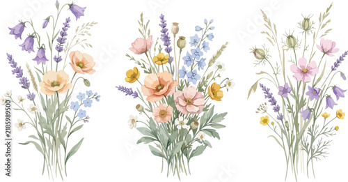 Set of three beautiful watercolor wildflower bouquets featuring delicate pastel petals and green stems isolated on a white background