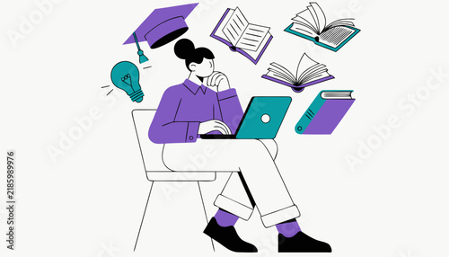 Education and E-Learning Concept Design with Person Learning Online and Academic Symbols.eps