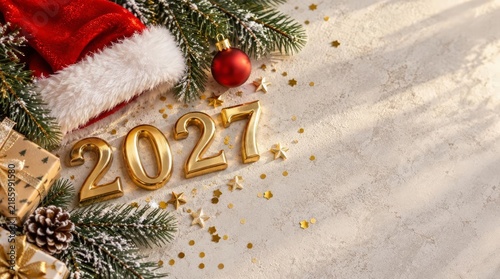An elegant New Year 2027 greeting card design featuring bold, glossy golden number 