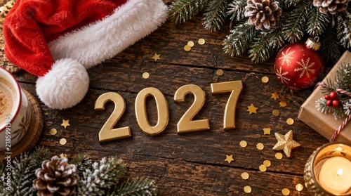 An elegant New Year 2027 greeting card design featuring bold, glossy golden number 