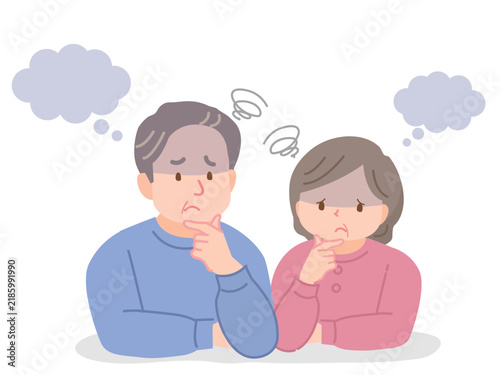 考える、困った表情の中年男女のイラスト素材