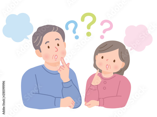 考える、困った表情の中年男女のイラスト素材