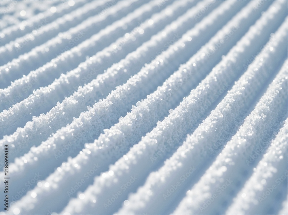 Fototapeta premium Freshly groomed ski slope snow texture. Parallel ridges of corduroy piste in winter
