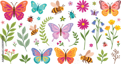 A collection of colorful hand drawn watercolor butterflies bees flowers and green leaves isolated on a white background design