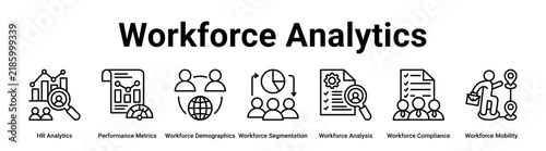 Workforce Analytics web banner icon vector illustration concept for business with icon of HR Analytics, Performance Metrics, Workforce Demographics, Workforce Segmentation, Workforce Analysis,.