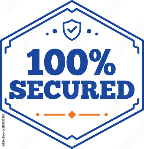 Blue and orange one hundred percent secured badge icon isolated on white background vector illustration