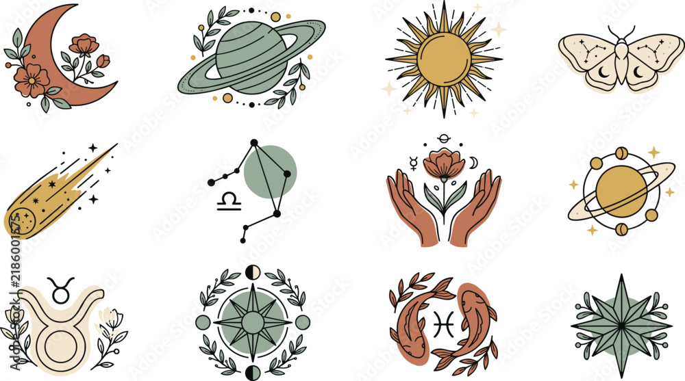 Obraz premium Mystical Esoteric Boho Astrology Vector Element Set Featuring Zodiac Signs Sun Moon Planets Comet and Hands for Spiritual Brand Designs