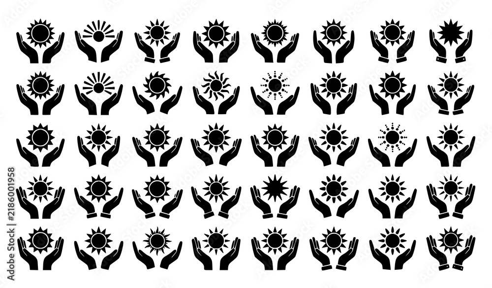 Obraz premium Hands Holding Sun Hope and Positive Energy Black Silhouette Vector Icon Set