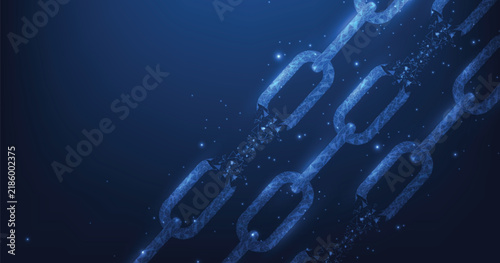 Glowing blockchain chain links shattering a broken connection or security failure against a dark blue futuristic background. Cyber security concept.	
