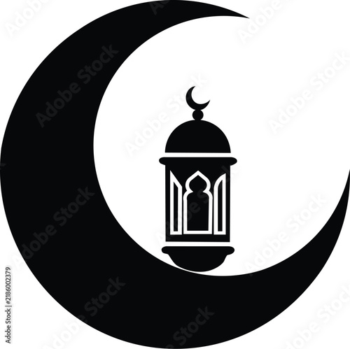 Islamic Crescent Moon with Traditional Lantern Silhouette Vector Illustration Isolated on White
