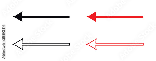 Black and red arrow icons set with straight triangular head pointing left isolated on white background vector illustration