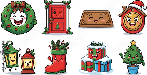 Cute Christmas decoration mascot character vector illustration set