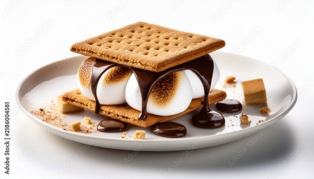 Fototapeta premium a gourmet s mores dessert with toasted marshmallows melted chocolate and graham crackers artfully assembled isolated on white background
