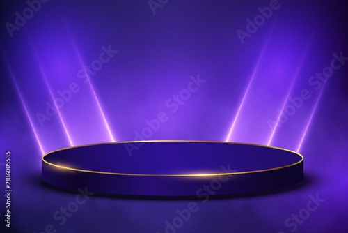 Empty round pedestal creating a luxurious presentation platform with ambient lighting