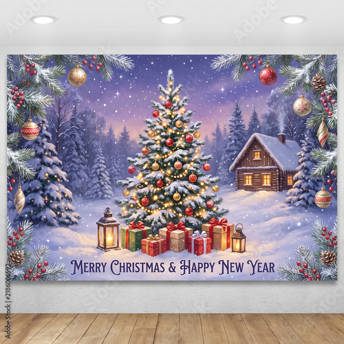 Christmas background. Xmas tree with snow decorated with garland lights, holiday festive background. Widescreen frame backdrop. New year Winter art design, Christmas scene wide screen holiday border
