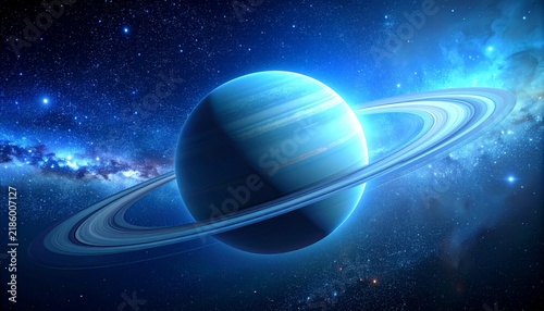 Blue Ringed Gas Giant Planet Floating in Deep Space Cosmos with Glowing Stars and Nebula