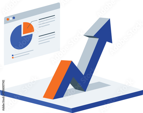 Business team pushing up growth arrow chart vector illustration isolated on white background