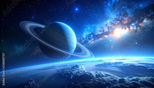 Beautiful cosmic illustration of a giant ringed planet rising over a blue nebula-lit atmosphere in deep space