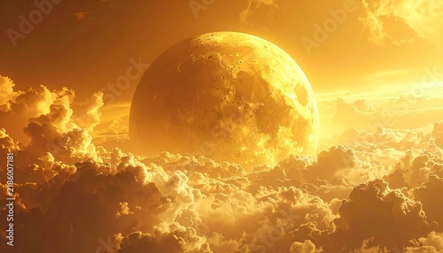 Golden Full Moon Rising Above Majestic Fluffy Clouds in a Radiant Glowing Night Sky