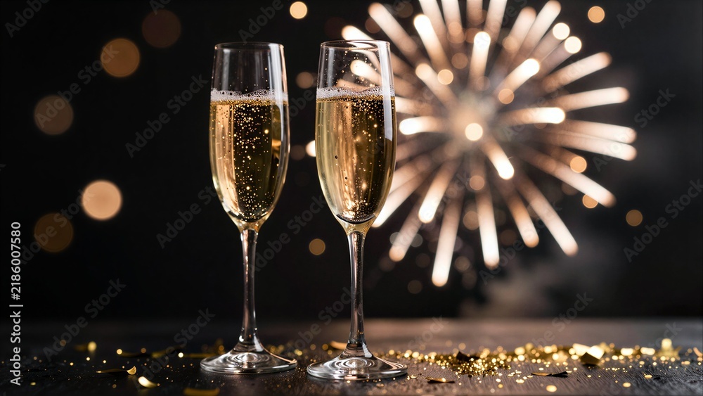Fototapeta premium Two champagne flutes with sparkling golden champagne and fireworks in the background