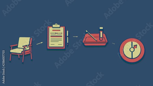A volunteer follows a marked route through consent, screening and randomization, then returns to the clinic for follow-up visits. Flat 3D style with a halftone dot screen.