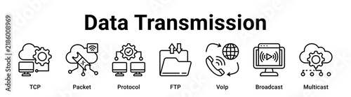 Data Transmission web banner icon vector illustration concept for technology with icon of TCP, Packet, Protocol, FTP, VoIp.