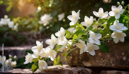 white jasmine blooms cascade gently beside weathered stone soft sunlight highlights delicate petals and slender stems natural beauty frames a tranquil garden scene perfect for backgrounds