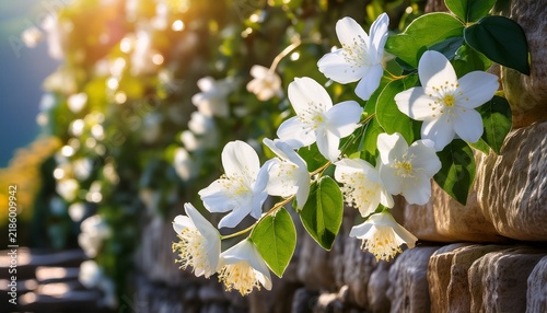 white jasmine blooms cascade over a rustic stone wall soft sunlight glows through delicate petals frosted dew glistens on each tiny blossom green vines trail behind the flowering cascade