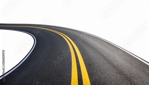 winding asphalt road with double yellow lines isolated on white background