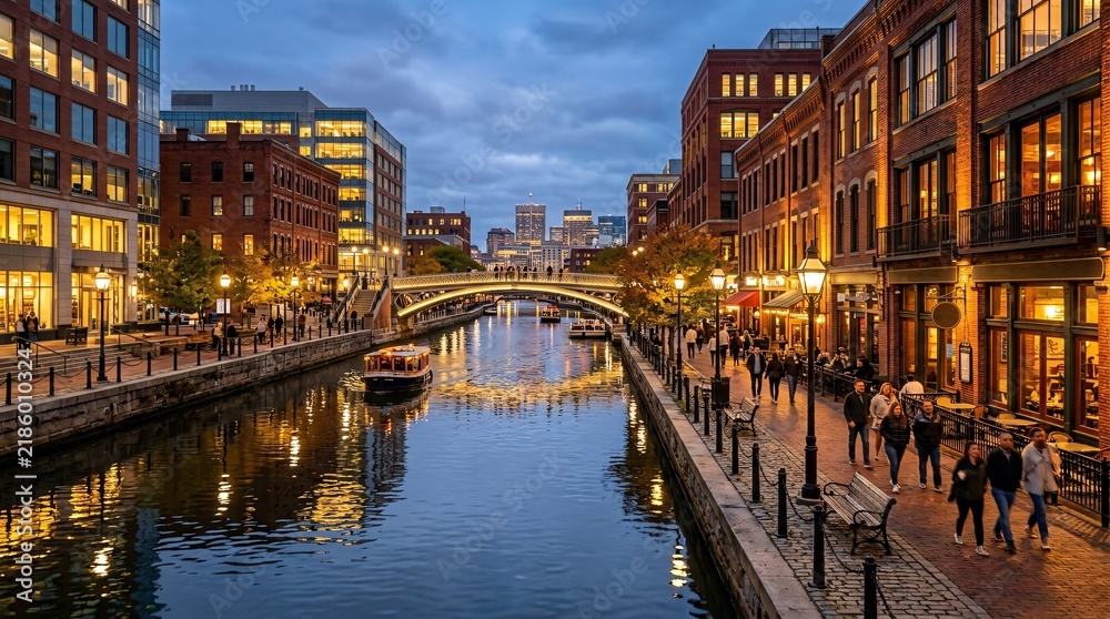 Fototapeta premium Evening view of an urban canal through a downtown district with brick buildings and a pedestrian bridge, warm streetlights on the water