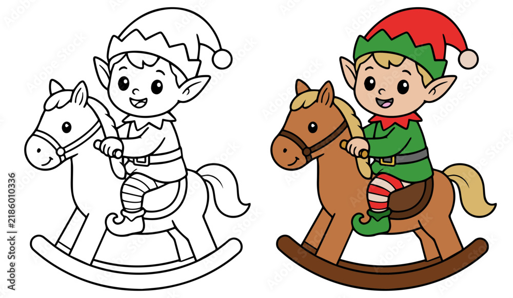 Obraz premium Christmas elf riding rocking horse line art and colored cartoon version 