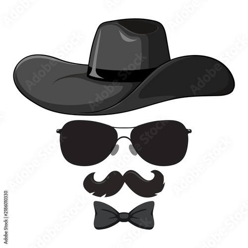 Minimalist icon set of a hat sunglasses mustache and bow tie representing a gentleman with men fashion menswear accessories gentleman elements fashion icons formal wear vintage fashion